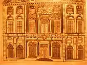 Gravure d'un bâtiment avec façade principale richement décorée et nombreuses fenêtres. Signature en bas à gauche.