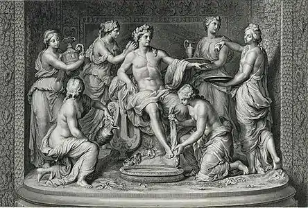 Grotte de Thétys, groupe central, 1678 gravure d'une sculpture de François Girardon et Thomas Regnaudin,