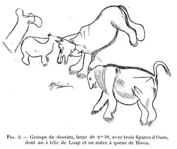 Dessin de trois ours,dont un à tête de loup et un à queue de bison