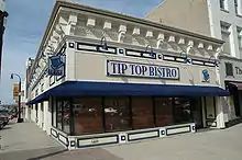 Photographie d'un bâtiment portant l'enseigne Tip Top Bistro. La façade est blanche et bleue.
