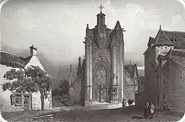 gravure en noir et blanc, montrant un fronton d’église.
