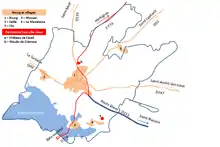 Plan montrant en orange des centres urbains reliés par des routes.