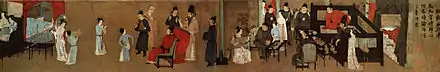 Les divertissements nocturnes de Han Xizai, copie Song d'une peinture de Gu Hongzhong, vers 970, Tang méridionaux 937-975, rouleau portatif: partie droite, encre et couleurs sur soie, 28,7 × 335,5 cm ensemble, Musée du palais Beijing