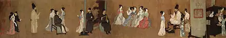 Les divertissements nocturnes de Han Xizai, copie Song d'une peinture de Gu Hongzhong, vers 970, Tang méridionaux 937-975, rouleau portatif: partie gauche, encre et couleurs sur soie, 28,7x335,5 cm ensemble, Musée du palais, Beijing.