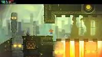 Capture d'écran en couleurs d'une scène de jeu dans laquelle un personnage minuscule par rapport à l'étendue du décor se déplace entre différentes trappes et dangers placés au sol.