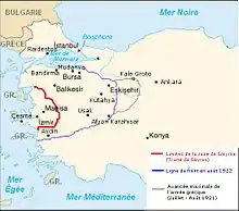 Carte montrant les territoires anatoliens occupés par la Grèce entre 1921 et 1922.