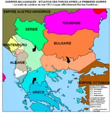Extension maximale du Royaume de Bulgarie en mai 1913.