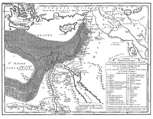 Carte minéralogique sur la nature du terrein d'une partie de l'Orient et particulièrement de l'Égypte, de la Palestine et de la Syrie, illustrant le Mémoire sur les Granits de France, comparés à ceux d'Égypte par Guettard.