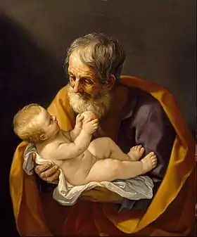 L'enfant Jésus dans les bras de Saint Joseph, par Guido Reni en 1635.