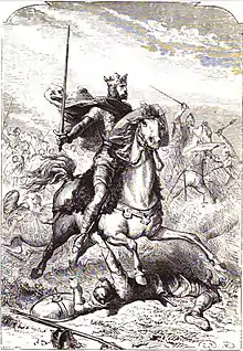 Gravure noir et blanc d'un ouvrage. Chevalier couronné à cheval brandissant une longue épée sur un champ de bataille où se trouvent des soldats.