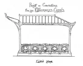 Dessin en noir sur papier blanc d'un petit édifice rectangulaire constitué d'une balustrade ouvragée et d'un toit avec marquise