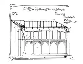 Dessin en noir sur papier blanc d'un petit édifice rectangulaire à panneaux décorés, avec marquise du côté gauche