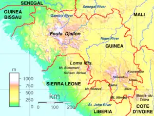 Carte topographique des hauts plateaux de Guinée avec les monts du Toura en Côte d'Ivoire.