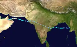 Trajectoire des cyclones Gulab et Shaheen.