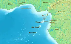 Carte de la partie méridionale de la ligne du Cameroun représentée par Annobón, São Tomé, Principe, Bioko ainsi que les massifs montagneux frontaliers entre le Nigeria et le Cameroun.