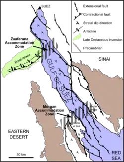 Carte géologique simplifiée du golfe de Suez montrant l'emplacement du Ouadi Araba (en vert).