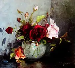 Still life with roses (av. 1945, coll. priv.).