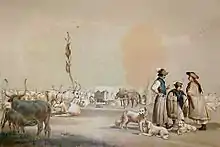 reproduction d'un dessin du XIXe siècle représentant des bergers, leurs chiens, leur campement et leur troupeau.