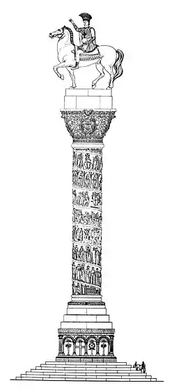 Dessin d'un monument en forme de colonne, à son sommet la statue d'un homme à cheval