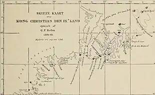 Carte en noir et blanc et légendée représentant une partie du littoral d'une île.