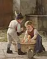 Enfants jouant à donner un bain à une poupée (1927).