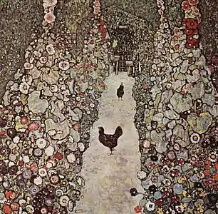 Jardin avec des coqs (1917), huile sur toile (110 × 110 cm).