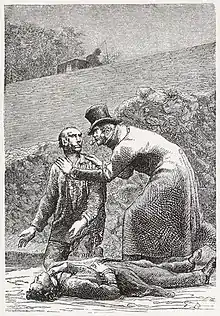 Jean Valjean dépose Marius blessé devant Javert à la sortie des égouts le soir du 6 juin 1832. Illustration de Gustave Brion.