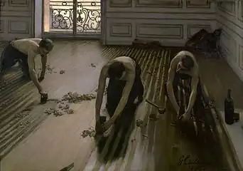 Peinture montrant trois ouvriers torse nu, rabotant un parquet dans un appartement bourgeois.