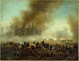 Tableau avec des troupes au premier plan et des bâtiments en feu derrière.
