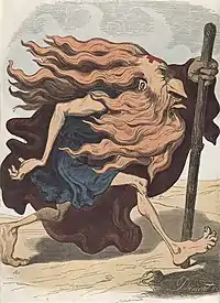 Caricature en couleur d'un homme maigre de profil, marchant avec un bâton, nez crochu, longues chevelure et barbe rousses flottant au vent