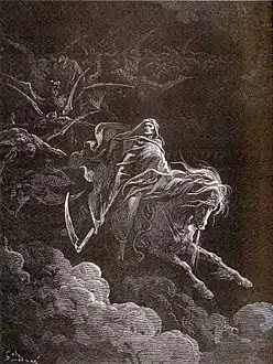 Le quatrième cavalier, celui de la Mort, sur le cheval pâle. Gravure de Gustave Doré (1865).