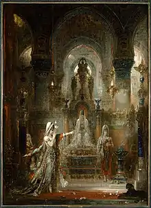 Tableau de Gustave Moreau représentant Salomé, richement vêtue, dans un temple où trône Hérode.