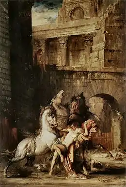 Dans un paysage de ruines antiques, un homme est attaqué par trois chevaux, le cheval de gauche le mordant à sang au poignet.