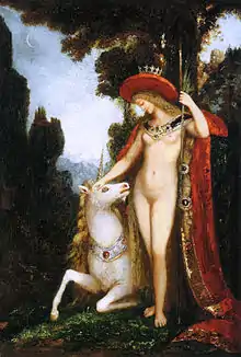 Tableau montrant une licorne allongée caressée par une femme nue portant une couronne et un manteau rouge