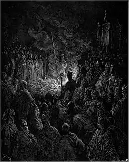 Pierre Barthélémy passant l'épreuve du feu avec la Sainte Lance. Gravure de Gustave Doré.