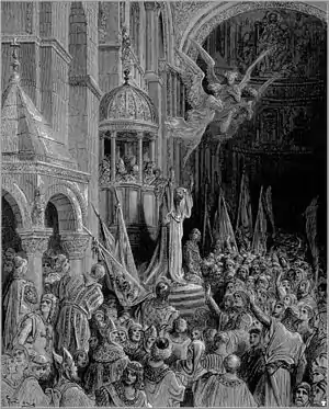 Gravure en noir et blanc ; homme prêchant devant une foule dans une église