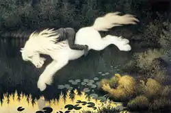 Un jeune garçon dont la tête est cachée dans la crinière du cheval blanc qu’il chevauche semble plonger dans une mare avec son compagnon.