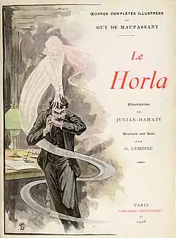 couverture du récit Le Horla sur laquelle apparaît une homme avec un être fantomatique au-dessus de lui.
