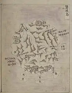 廣輿圖 (Gwang Yeodo,1737-1776)Cette carte montrait Ulleungdo avec une petite île au large de sa rive orientale appelée "la soi-disante Usando" (所謂 于山島).