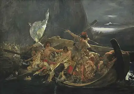 tableau XIXe : des naufragés dans des barques au pied d'une falaise