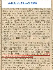 Artcicle de journal mentionnnant la libération du village le 29 août 1918.