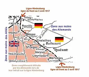 La carte montre qu'Héninel est restée sur la ligne de front de mars 1917 à août 1918.