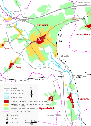 Vue d'une carte en couleur représentant les étapes de développement du bâti d'une ville.