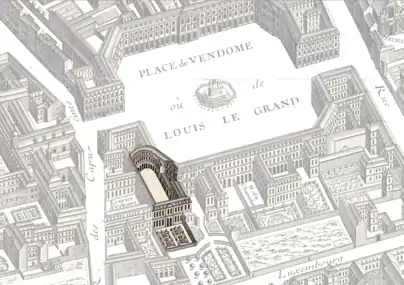 Situation de l'hôtel d'Évreux sur la place Vendôme, sur le plan de Turgot (1734-1737). Le nord est à gauche.