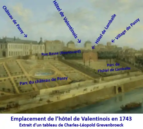 L'hôtel de Valentinois en 1743 sur un tableau de Charles-Léopold Grevenbroeck.