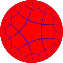  Grille formée d'arcs de cercles bleus découpant un disque rouge en une infinité de pentagones.