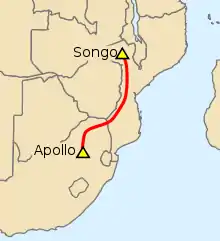 Carte du tracé de la Liaison à courant continu Cahora Bassa.