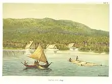 Dessin en couleur figurant un radeau et un bateau près des côtes yapaises