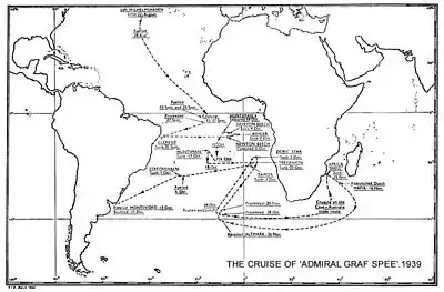 Le parcours du Graf Spee dans l'Atlantique sud.