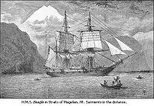 Illustration du HMS Beagle avec le mont Sarmiento en arrière-plan.